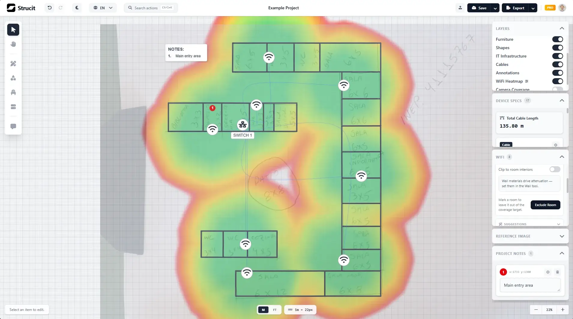 Editor do Strucit com a planta de uma escola desenhada à mão, oito access points, um switch, cabos e o mapa de calor de cobertura Wi-Fi.