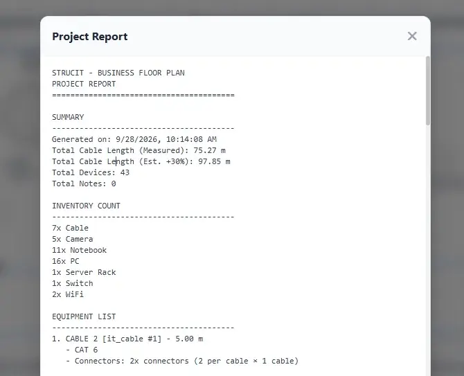 A janela Relatório do Projeto: resumo com comprimento de cabo medido e estimado, total de dispositivos, inventário por tipo de dispositivo e o início da lista de equipamentos com especificações de cabo e conectores.