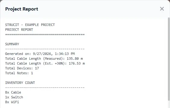 Resumo do relatório do projeto: comprimento de cabo medido e estimado, total de dispositivos e inventário.